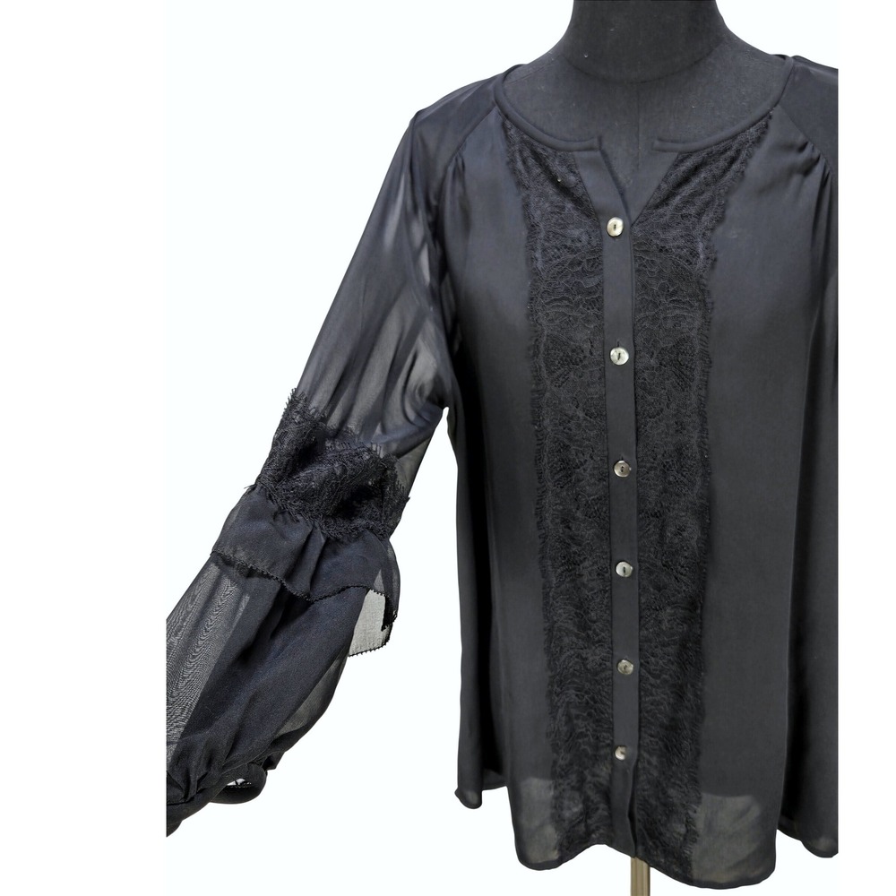 Women's Diane von Furstenberg 12 Black Silk Lace Sheer Sleeve Blouse Romantic